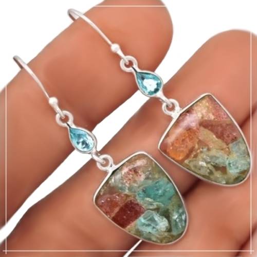 NEW ARRIVAL NATURAL AQUAMARINE IN SUNSTONE, BLUE TOPAZ  SOLID 925  STERLING SILVER EARRINGS