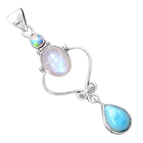 Exquisite Natural Rainbow Moonstone,caribbean Larimar, Opal Solid .925 Sterling Silver Ring Pendant