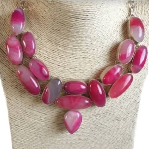 Natural Pink Botswana Agate Mixed Shape Gemstones in .925 Sterling Silver Plated  Handmade Necklace