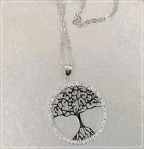 Deluxe White Cubic Zirconia Tree of Life set in Solid .925 Sterling Silver 14K White Gold Necklace