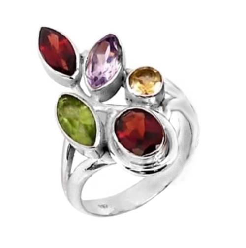 4.76 CTS FACETED MULTI GEMSTONE RING IN SOLID 925 STERLING SILVER. SIZE 8