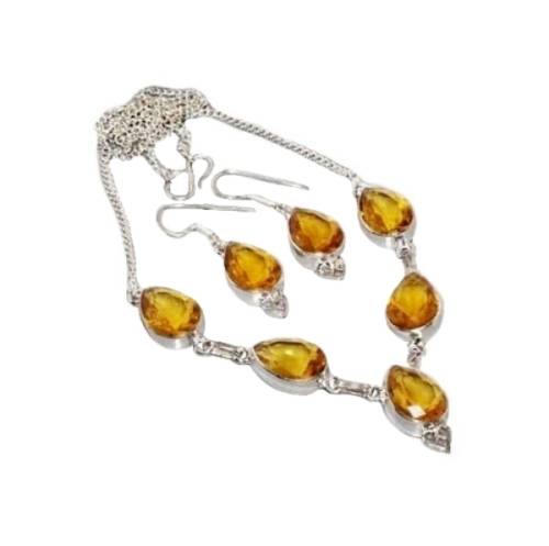 FACETED CITRINE  GEMSTONE .925 SILVER NECKLACE AND EARRINGS SET