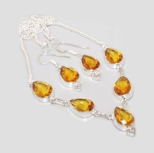 FACETED CITRINE  GEMSTONE .925 SILVER NECKLACE AND EARRINGS SET
