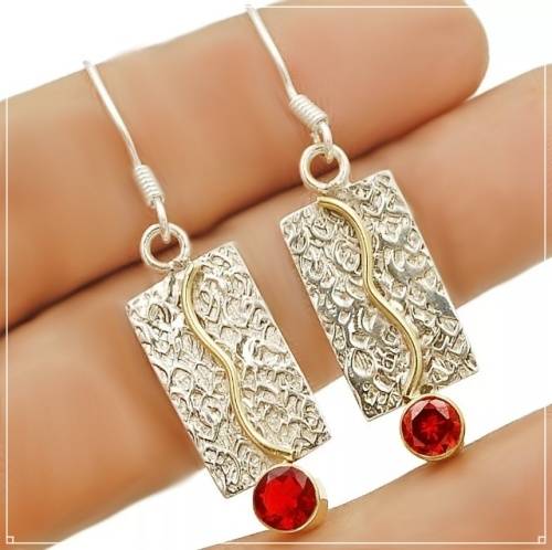 Two Tone Fire Garnet Solid .925 Sterling Silver Earrings