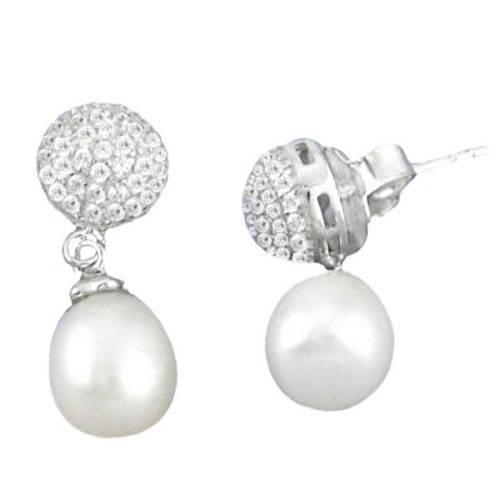 9,29 cts Natural White Pearl, White Topaz  Solid .925 Sterling Silver Earrings