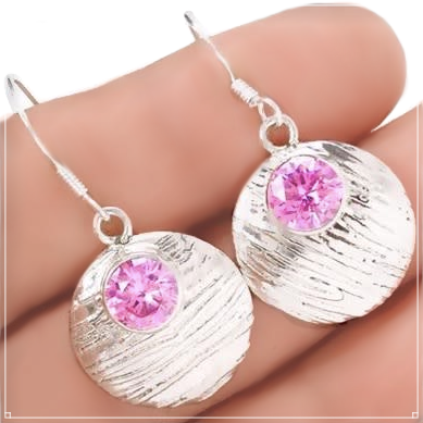 PRETTY FACETED PINK TOPAZ ROUND GEMSTONE SOLID .925 STERLING SILVER EARRINGS