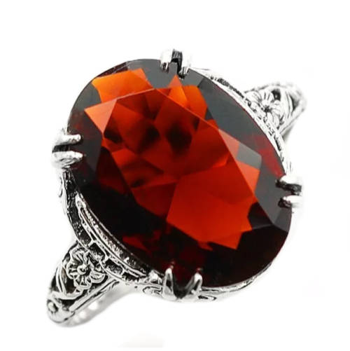 6 CT ART DECO FIRE GARNET SOLID .925  STERLING SILVER  RING SIZE 9