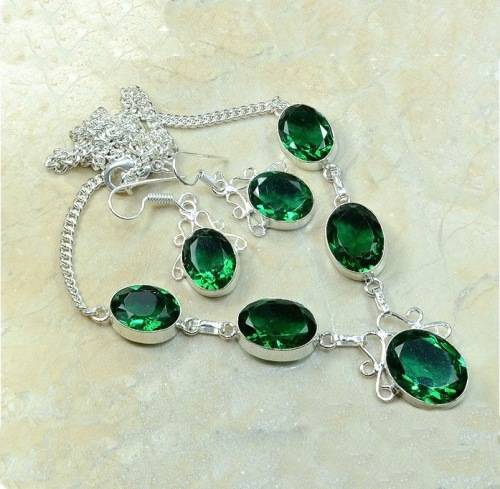 EXQUISITE EMERALD QUARTZ GEMSTONE 925 SILVER NECKLACE & EARRINGS