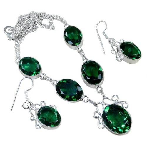 EXQUISITE EMERALD QUARTZ GEMSTONE 925 SILVER NECKLACE & EARRINGS