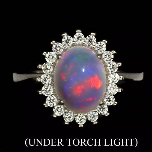 Natural Full Flash Ethiopian Fire Opal White CZ set in Solid .925 Sterling Ring Size 8 or Q