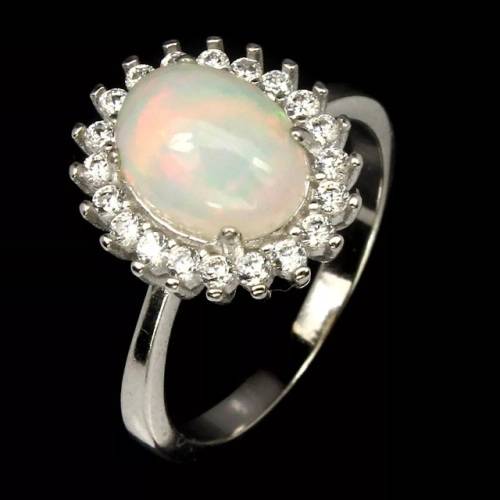 Natural Full Flash Ethiopian Fire Opal White CZ set in Solid .925 Sterling Ring Size 8 or Q