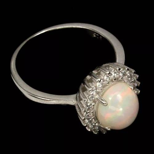Natural Full Flash Ethiopian Fire Opal White CZ set in Solid .925 Sterling Ring Size 8 or Q