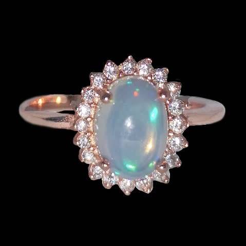 Natural Full Flash Ethiopian Fire Opal White CZ  Solid .925 Sterling, 14 K Rose Gold Ring Size 6