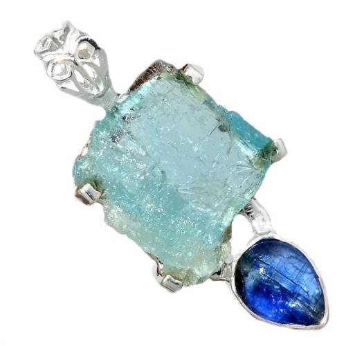 NATURAL AQUAMARINE ROUGH, KYANITE GEMSTONE SOLID .925 STERLING SILVER PENDANT