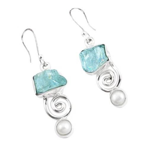 AQUAMARINE ROUGH, WHITE PEARL GEMSTONE SOLID .925 STERLING SILVER EARRINGS