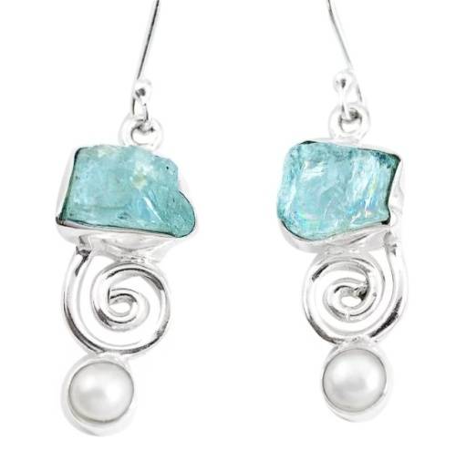 AQUAMARINE ROUGH, WHITE PEARL GEMSTONE SOLID .925 STERLING SILVER EARRINGS