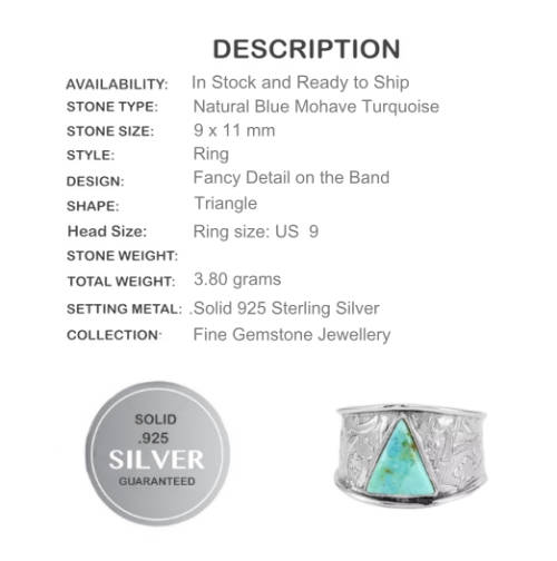 NATURAL MOHAVE TURQUOISE GEMSTONE  SOLID .925 STERLING SILVER RING 9