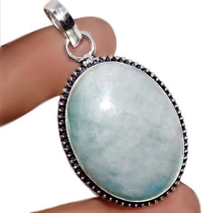 AQUA WHITE MOONSTONE OVAL CABOCHON  .925 SILVER PENDANT