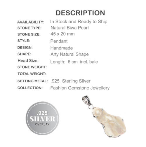 NATURAL BIWA PEARL GEMSTONE . 925 SILVER PENDANT