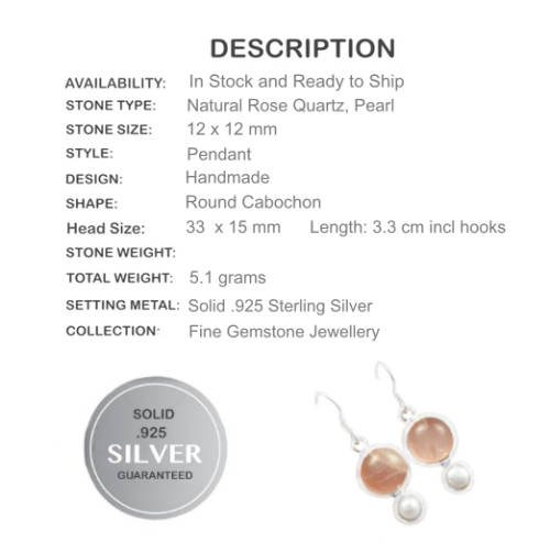 NATURAL PINK ROSE QUARTZ, PEARL  SOLID.925 STERLING SILVER EARRINGS