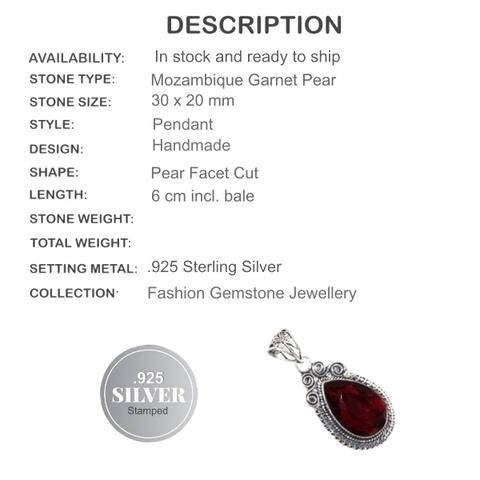 MOZAMBIQUE GARNET SOLID .925  STERLING SILVER  PENDANT