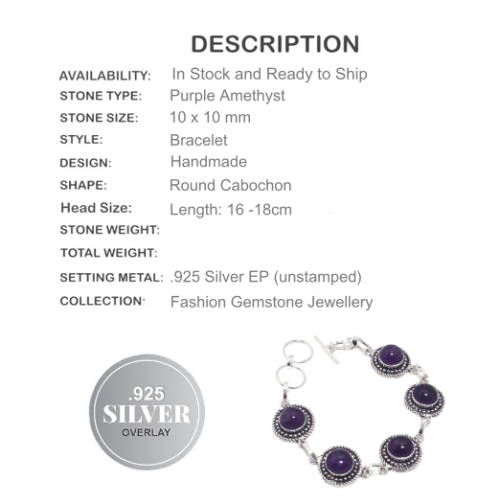 Enchanting Purple Amethyst Gemstone .925 Silver Bracelet