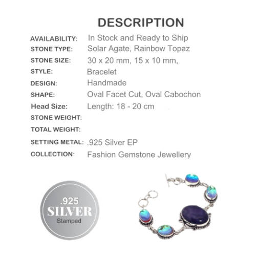 Natural Solar Agate, Rainbow Topaz Gemstone .925 Silver Bracelet