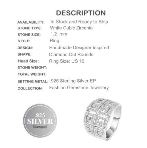 DIAMOND CUT WHITE CUBIC ZIRCONIA .925 SILVER RING SIZE 10