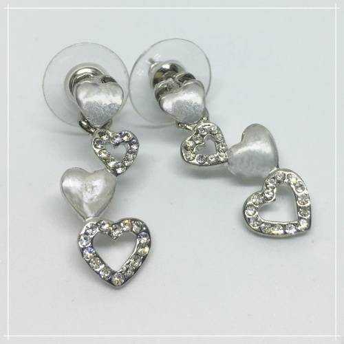 Long Dangle Heart Shapes White Cubic Zirconia Silver Plated Stud Earrings