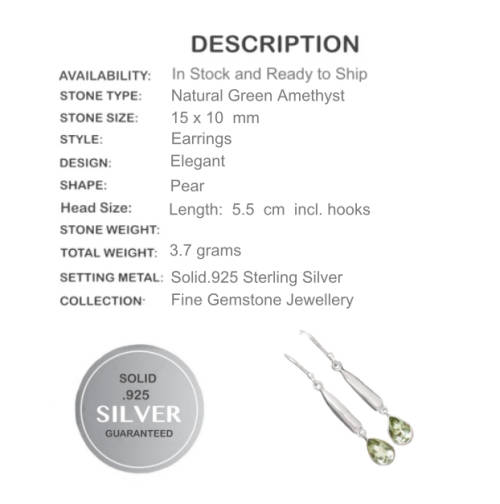 3.7 Gms Natural Green Amethyst Gemstone .925 Silver Long Earrings