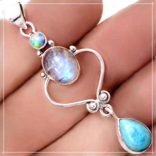 Exquisite Natural Rainbow Moonstone,caribbean Larimar, Opal Solid .925 Sterling Silver Ring Pendant