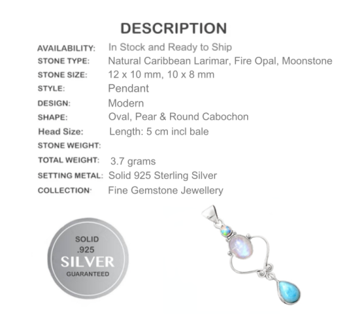 Exquisite Natural Rainbow Moonstone,caribbean Larimar, Opal Solid .925 Sterling Silver Ring Pendant