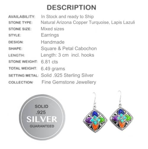 6.81 cts Natural Arizona Copper Turquoise, Lapis Lazuli Solid .925 Sterling Silver Earrings