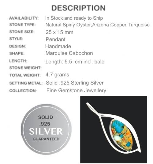 Natural Spiny Oyster Arizona Turquoise Solid .925 Sterling Silver Pendant
