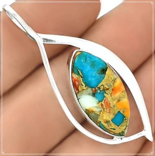 Natural Spiny Oyster Arizona Turquoise Solid .925 Sterling Silver Pendant