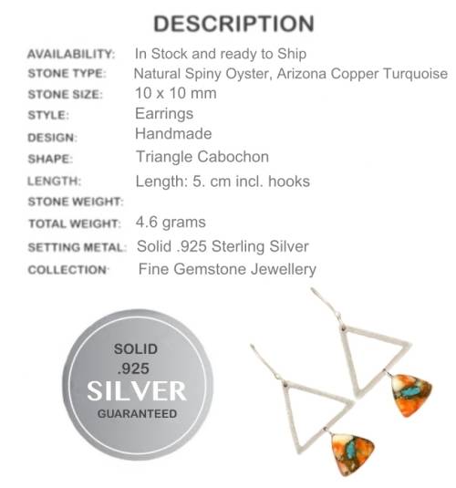 Trendy Natural Spiny Oyster Arizona Copper Turquoise Solid .925 Sterling Silver Earrings