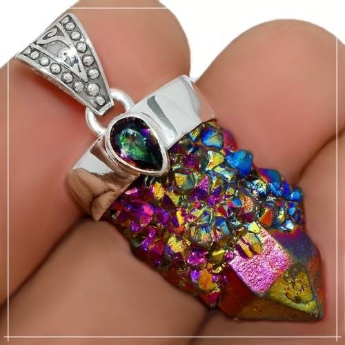 Titanium Aura Quartz, Mystic Topaz in Solid 925 Sterling Silver Pendant