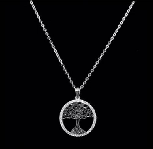 Deluxe White Cubic Zirconia Tree of Life set in Solid .925 Sterling Silver 14K White Gold Necklace