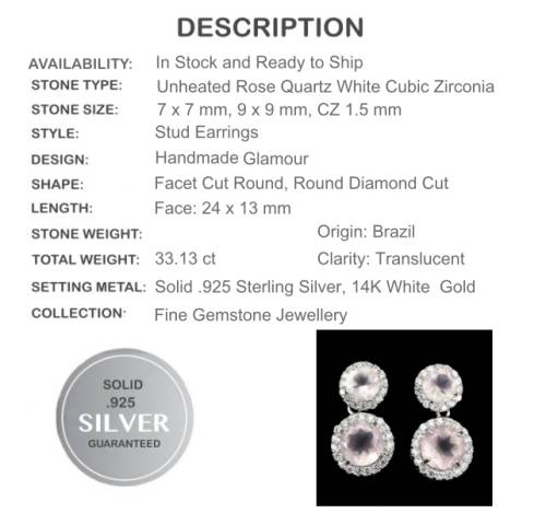 STUNNING AAA NATURAL ROSE QUARTZ, WHITE CZ SOLID.925 STERLING SILVER STUD EARRINGS