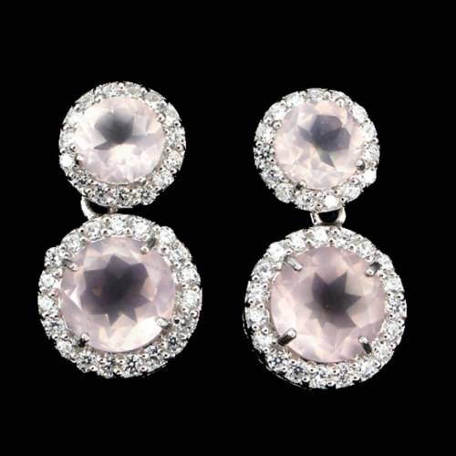 STUNNING AAA NATURAL ROSE QUARTZ, WHITE CZ SOLID.925 STERLING SILVER STUD EARRINGS