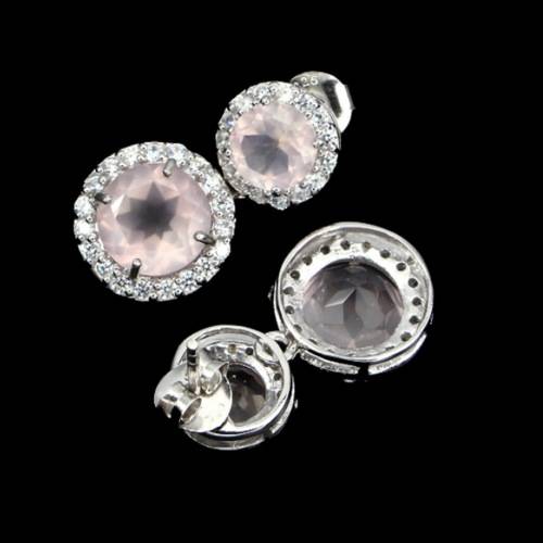 STUNNING AAA NATURAL ROSE QUARTZ, WHITE CZ SOLID.925 STERLING SILVER STUD EARRINGS