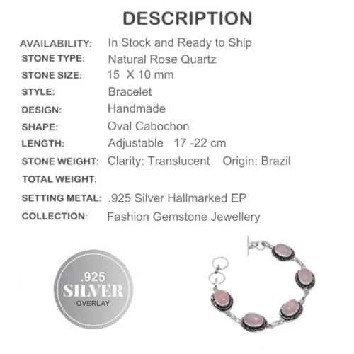Pretty Feminine Pink Rose Quartz Gemstone .925 Sterling Silver Bracelet