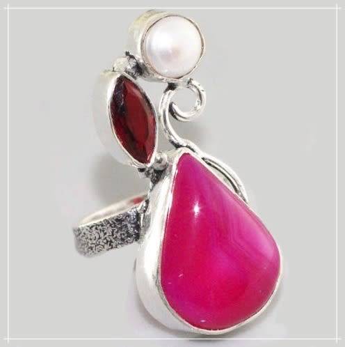 Natural Pink Lace Botswana Agate, White River Pearl .925 Sterling Silver Plated Ring US 5.5 or UK L
