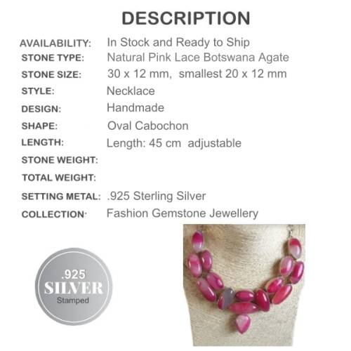 Natural Pink Botswana Agate Mixed Shape Gemstones in .925 Sterling Silver Plated  Handmade Necklace