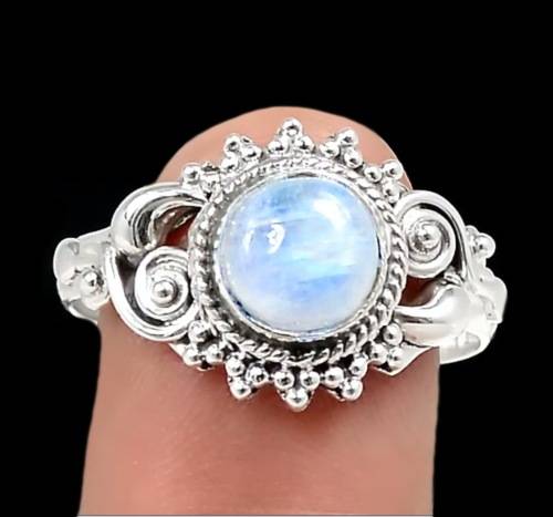 Natural Round Rainbow Moonstone set in Antique Style Solid .925 Sterling Silver Ring Size 9 /R1/2