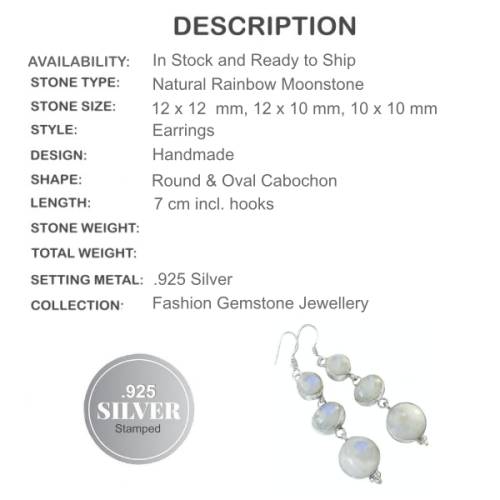 NATURAL RAINBOW MOONSTONE DANGLE SILVER EARRINGS