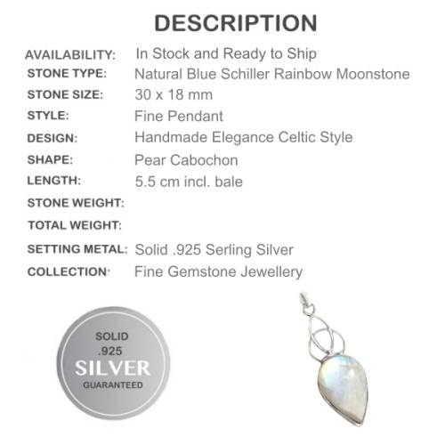 Breathtaking Top Grade Celtic Knot Design Natural Rainbow Moonstone Solid .925 Silver Pendant