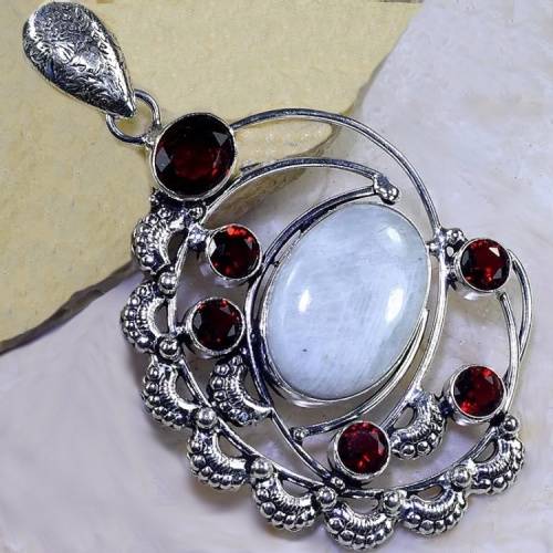Natural  Rainbow Moonstone Mozambique Garnet .925 Sterling Silver Pendant
