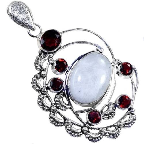 Natural  Rainbow Moonstone Mozambique Garnet .925 Sterling Silver Pendant