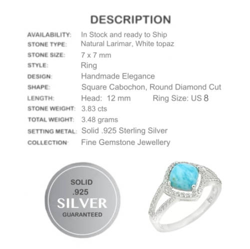 3.83 cts Natural Caribbean Blue Larimar, White Topaz .925 Sterling Silver Ring US 8